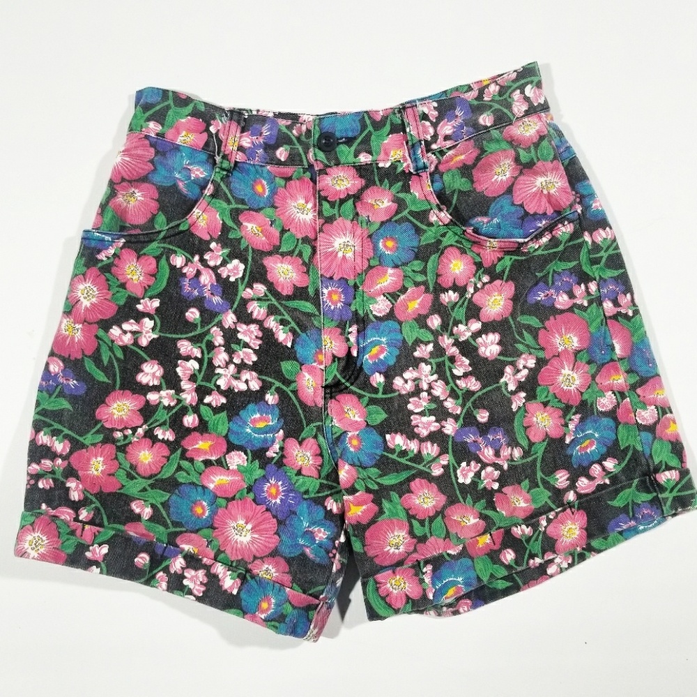 VTG 80s 90s Super High Waisted Floral Denim Shorts - Picture 2 of 5
